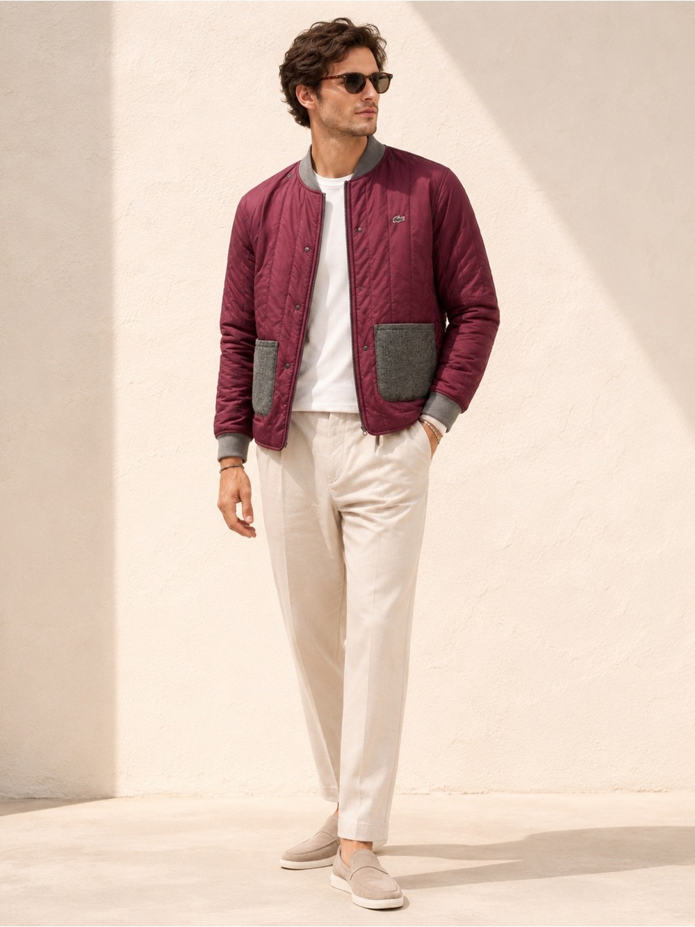 Lacoste Live Quilted Bomber Puffer Contrast Pocket Quiet Luxury Sz M